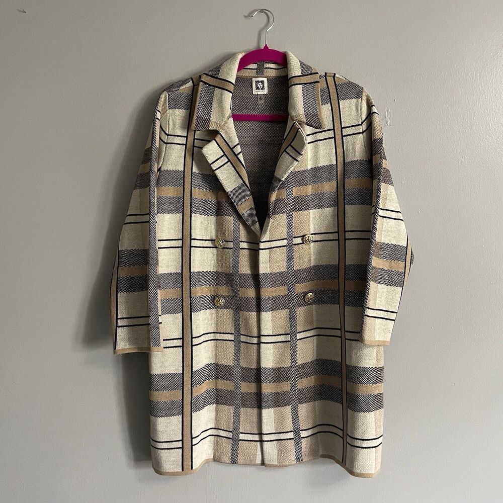 Anne Klein Womens Camel Plaid Open Front Cardigan Sweater Size M
